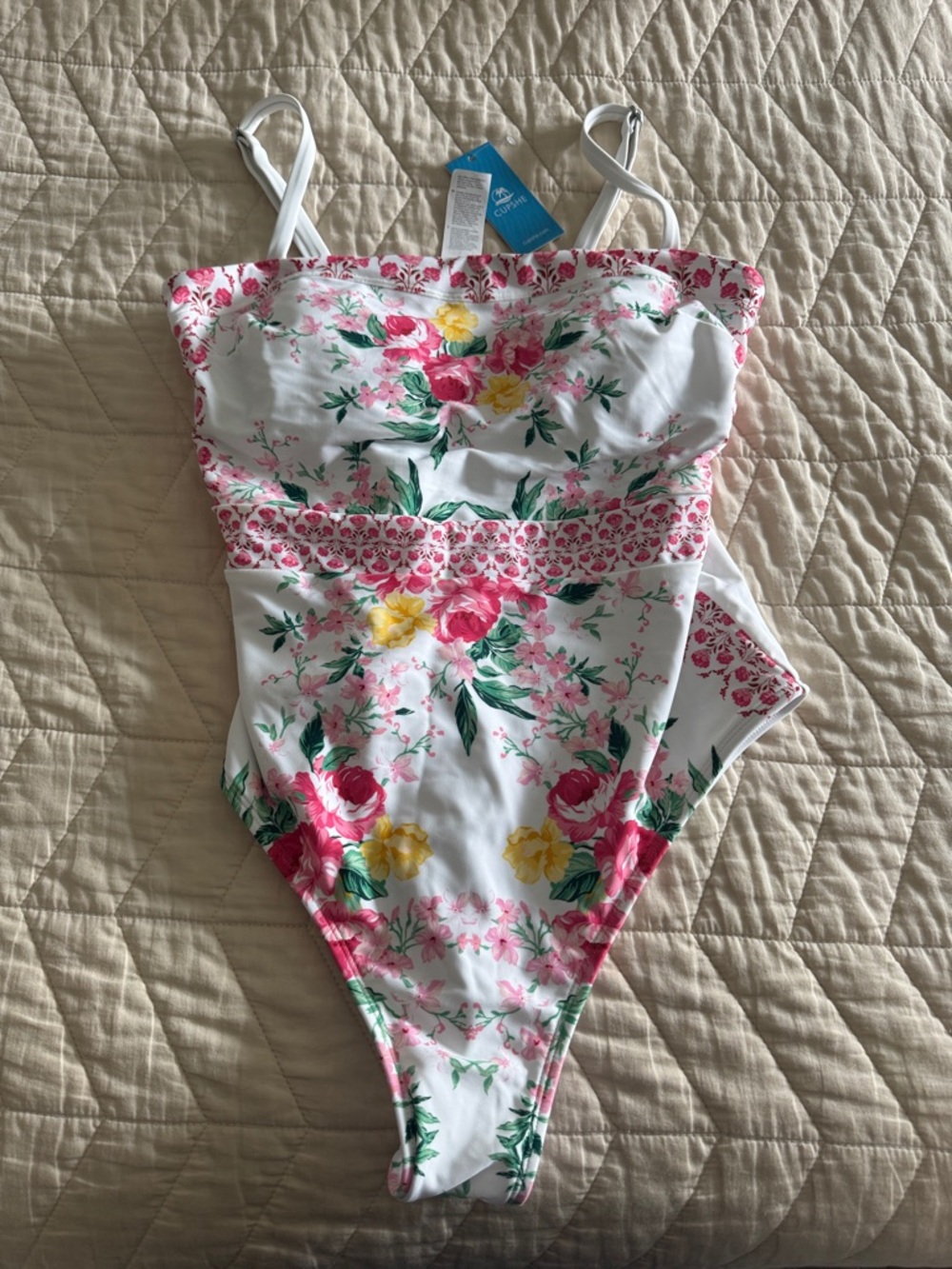 Women’s Floral One-Piece Swimsuit - White with Pink & Yellow Flowers